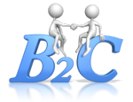 bubble figures shaking hands while sitting atop blue letters B2C (business to customer)