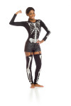 woman flexing muscle - in black leotard with skeleton design