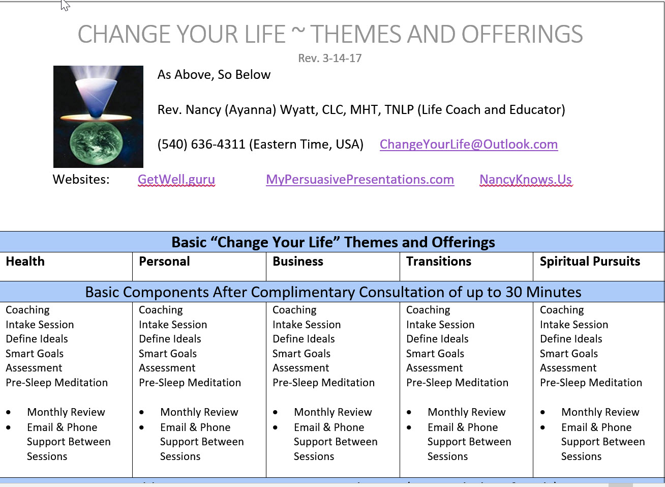 Life Coach ~ Themes and Offerings