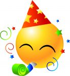 smiley face in triangular hat, blowing on a party favor with confetti all around