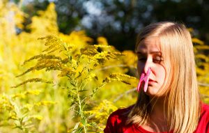 Blond girl with clothespin on her nose because of yellow ragweed pollen allergy.