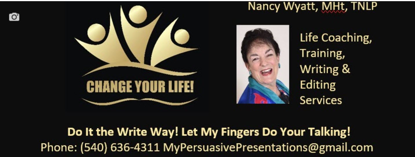 Change Your Life logo with contact info and picture of Nancy Wyatt
