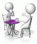 2 figures talking and drinking coffee at a small, purple bistro table
