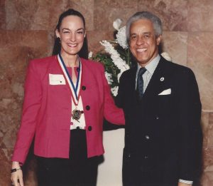 Nancy Wyatt receiving Governor's Gold Medal Award from Governor Wilder in Virginia