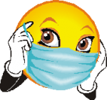 smiley face holding mask over nose and mouth with gloved hands