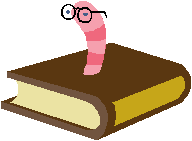 illustration of a bookworm (wearing glasses) coming out of a book. Curiosity keeps that little bookworm learning new things all the time! Knowledge=gratitude for knowledge!