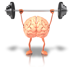 brain with tiny arms holding up weights (dumb bell exercise weights)