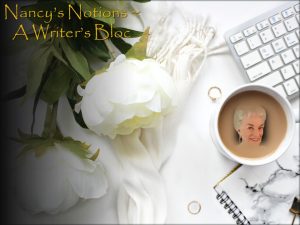 Nancy's Notions - A Writer's Bloc logo with white peony flowers, a keyboard, a notebook, and a cup of coffee with Nancy's face emerging.