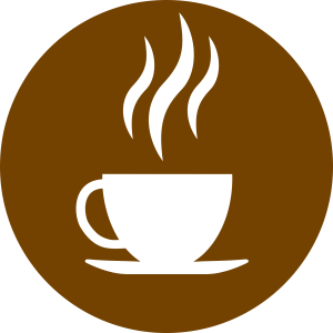 A brown circle in the middle of which it an illustration of a white coffee cup and white steam coming from it to the top of the circle. Pixabay image re fatty liver