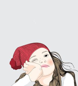 Illustration of a bored girl in a red snow hat. She's lacking in curiosity and gratitude. We're gonna fix that with some ideas to pep her up!