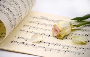 yellowed sheet music and a faded rose 