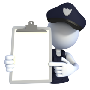 police officer looking at you and pointing to clipboard