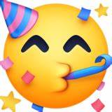 emoji of happy face with party hat and streamers
